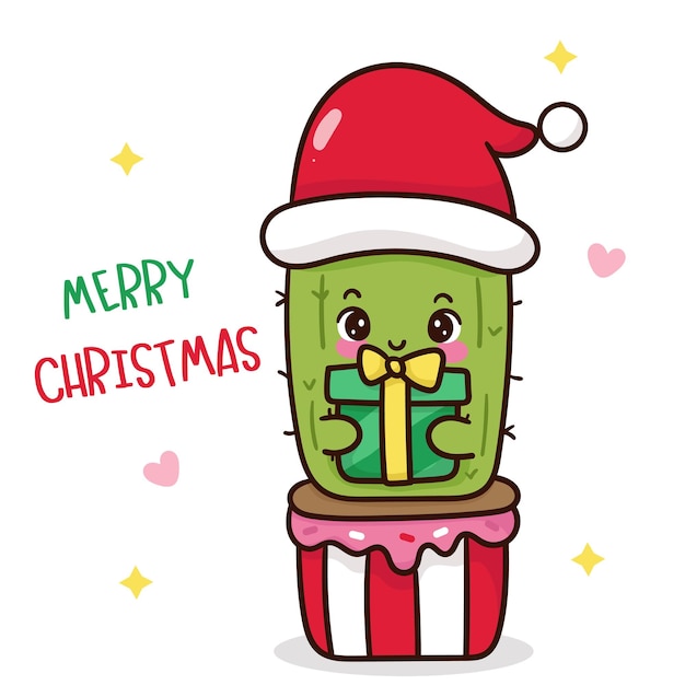 Vector cactus de navidad con regalo kawaii personaje de dibujos animados feliz año nuevo