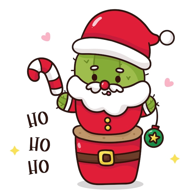 Vector cactus de navidad de santa kawaii personaje de dibujos animados de feliz año nuevo