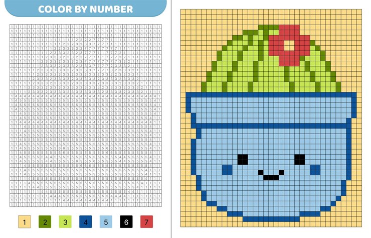 Vector cactus en olla squishmallow color por número libro para colorear píxeles cuadrados numerados juego para niños