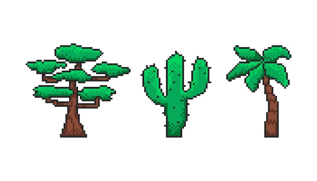 Cactus y palma de árbol de píxel verde