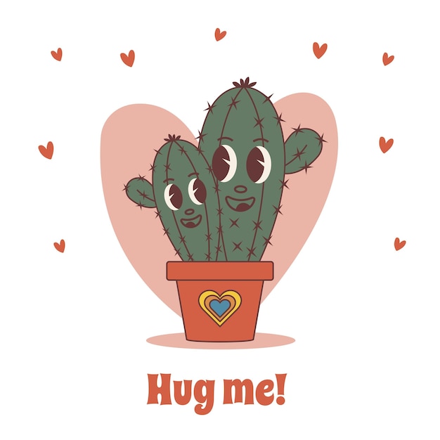 Cactus pareja de amor en estilo retro groovy tarjeta de felicitación tarjeta postal portada invitación póster