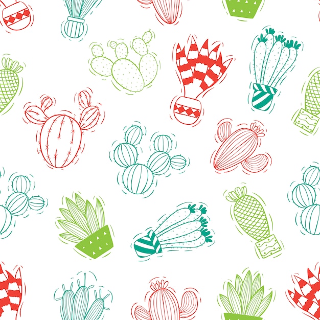 Vector cactus de patrones sin fisuras con estilo doodle color