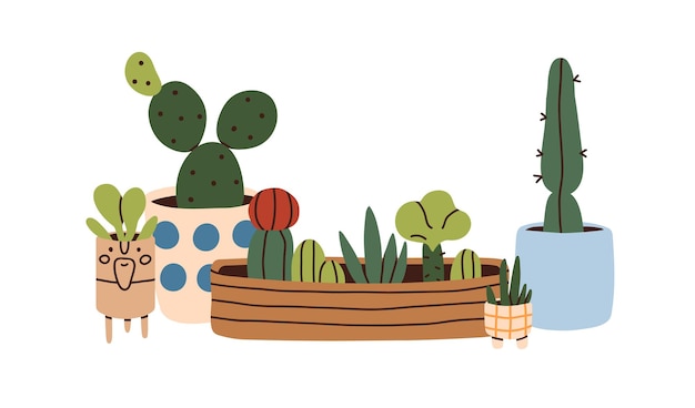 Cactus plantas domésticas con púas que crecen en ollas Cactus tropicales con espinas Plantas de interior con espinas en macetas Decoración de habitaciones espinosas Ilustración vectorial plana aislada sobre fondo blanco
