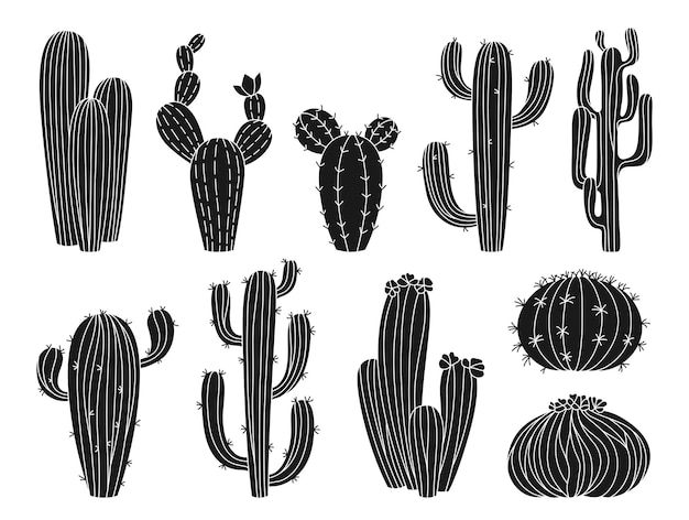 Cactus plantas de silueta exótica conjunto grabado cactus suculentos del desierto vector de grabado de forma occidental