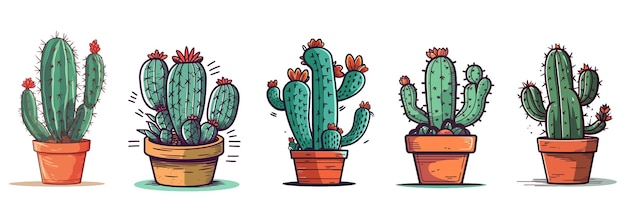 Cactus sobre un fondo blanco Conjunto de hermosos cactus en macetas Ilustración vectorial