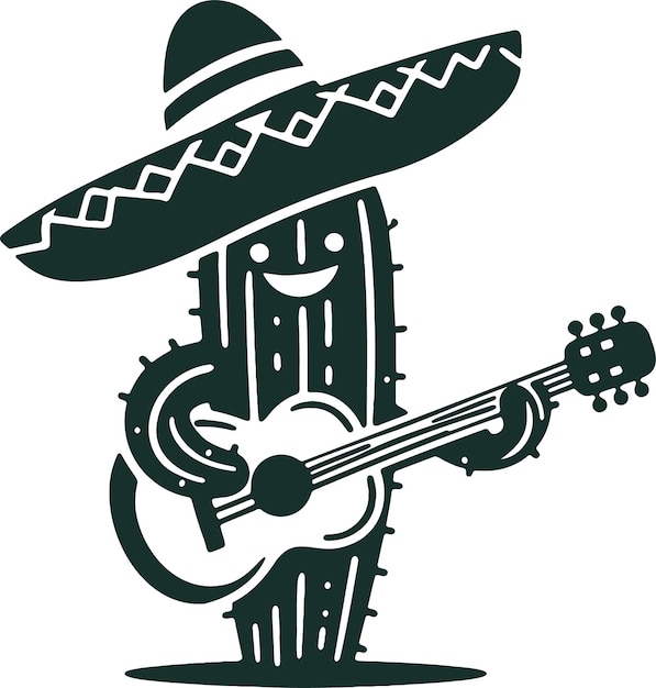 Cactus con sombrero tocando la guitarra en el arte de plantilla vectorial
