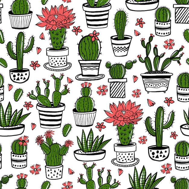 Cactus y suculenta mano dibujada de patrones sin fisuras en el estilo de dibujo. Doodle flores de colores en macetas. Plantas interiores de casa linda colorida.