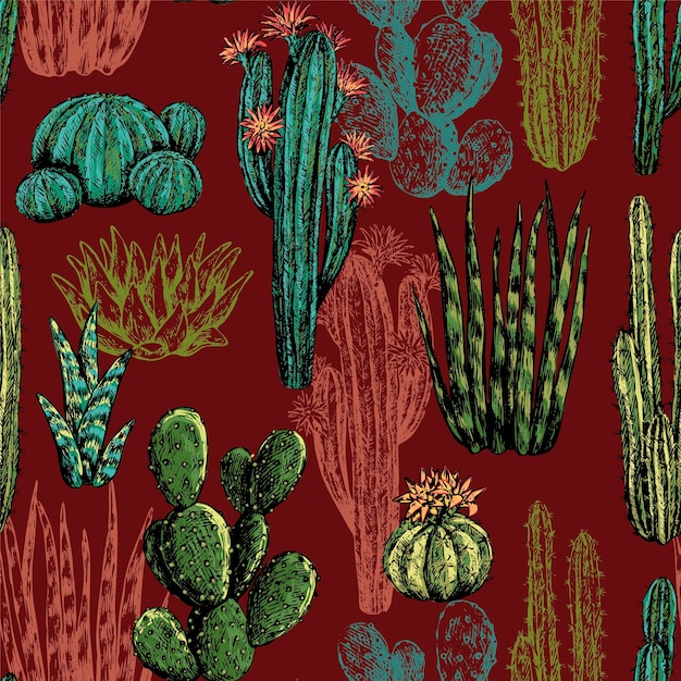 Cactus y suculentas dibujado a mano vector de patrones sin fisuras. Bocetos en tinta de diferentes plantas del desierto. Ornamento botánico abstracto. Diseño de fondo, papel tapiz, textil, tela.