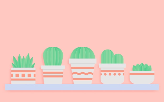 Cactus y suculentas en macetas de estilo de arte de papel en el fondo de color pastel dulce