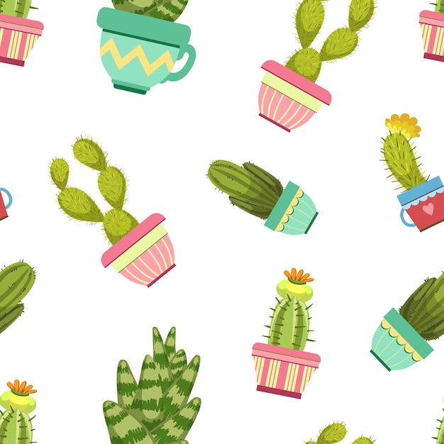 Los cactus y las suculentas en macetas de flores El elemento de diseño de patrón sin costuras se puede utilizar para el embalaje de papel tapiz de tela Ilustración vectorial de fondo