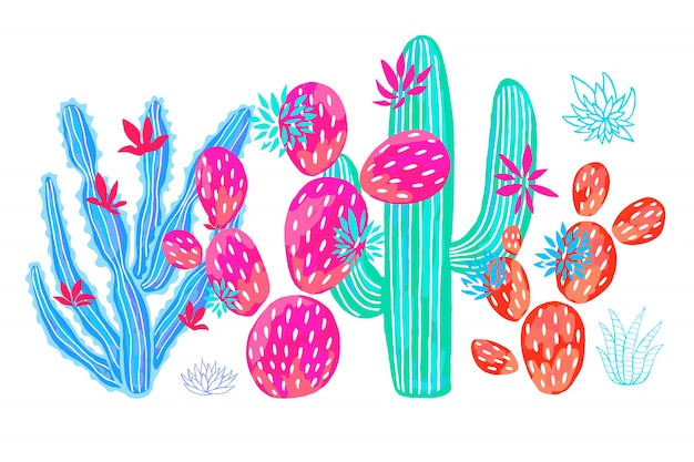 Cactus suculento conjunto de flores silvestres coloridas colecciones de acuarela rosa.