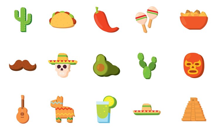 Vector cactus taco y maracas coloridos íconos mexicanos vector