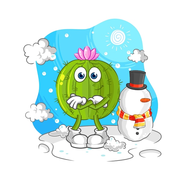 Cactus en vector de mascota de dibujos animados de personaje de invierno frío