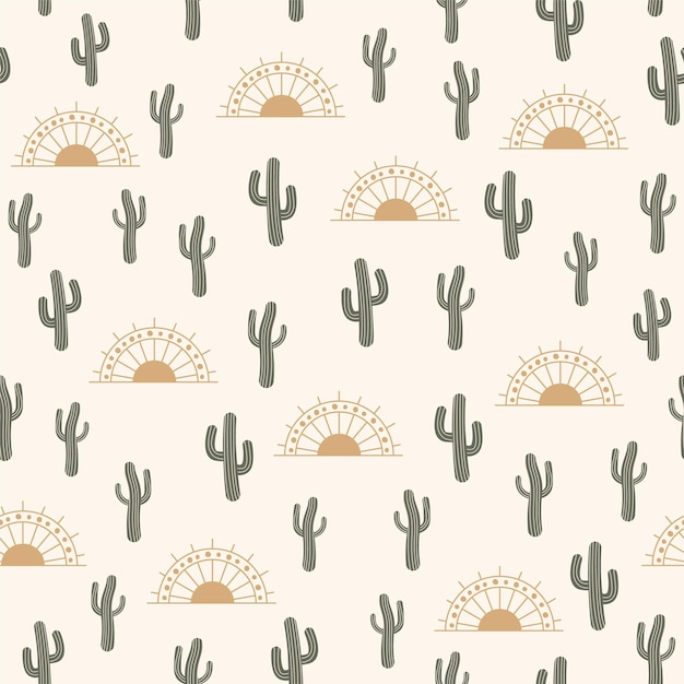 Vector cactus de verano vectorial de patrones sin fisuras en el desierto con sol para estampados de tela de moda