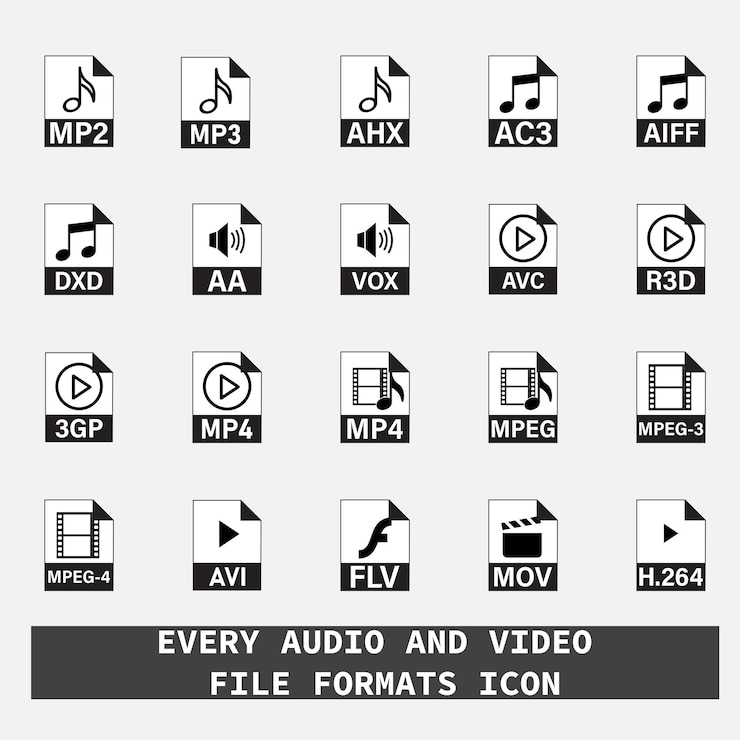Cada conjunto de vectores de iconos de formatos de archivo de audio y video aislado en fondo blanco.