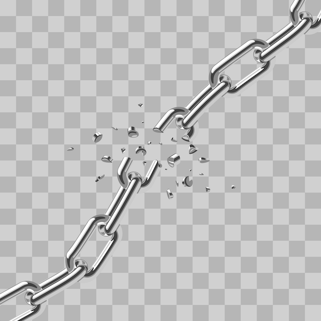 Vector cadena de acero roto realista, libertad de enlaces aislado en transparente.