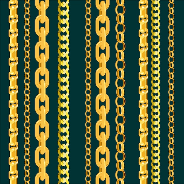 Vector cadena de cadena de oro de patrones sin fisuras en línea o enlace metálico de ilustración de joyería