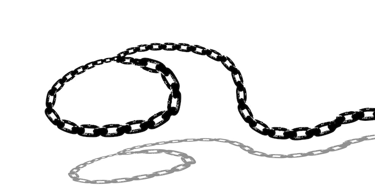Vector cadena larga de metal negro en bucle y extendida sobre fondo blanco