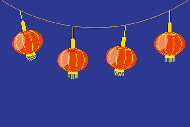 Cadena de linterna roja luz colgante china símbolo de vacaciones vectorial fondo azul oscuro