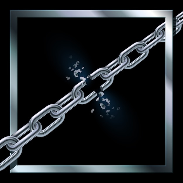 Vector cadena de metal rota sobre fondo negro con marco de metal cuadrado. concepto de libertad. .
