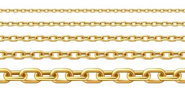 Cadena metálica sin costuras dorada realista con enlaces dorados aislados en vector de fondo blanco