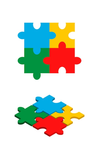 Cadena de rompecabezas de cuatro piezas de diferentes colores en estilo isométrico y plano concepto de soluciones simples