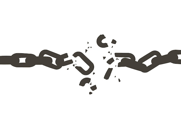 Vector cadena rota. roto, divorcio, enlaces rotos, red destruida, conexiones, conflicto, libertad, concepto de libertad ilustración de línea vectorial vintage en blanco y negro