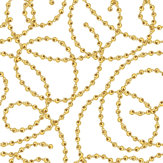 Cadenas de bolas de oro aisladas sobre fondo blanco Patrón de vector de joyería perfecta