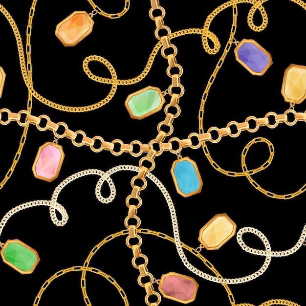 Cadenas de oro y elementos de joyería de patrones sin fisuras. Impresión de diseño de tela de moda de lujo con cadena de oro y fondo de piedras preciosas, papel tapiz. Ilustración vectorial