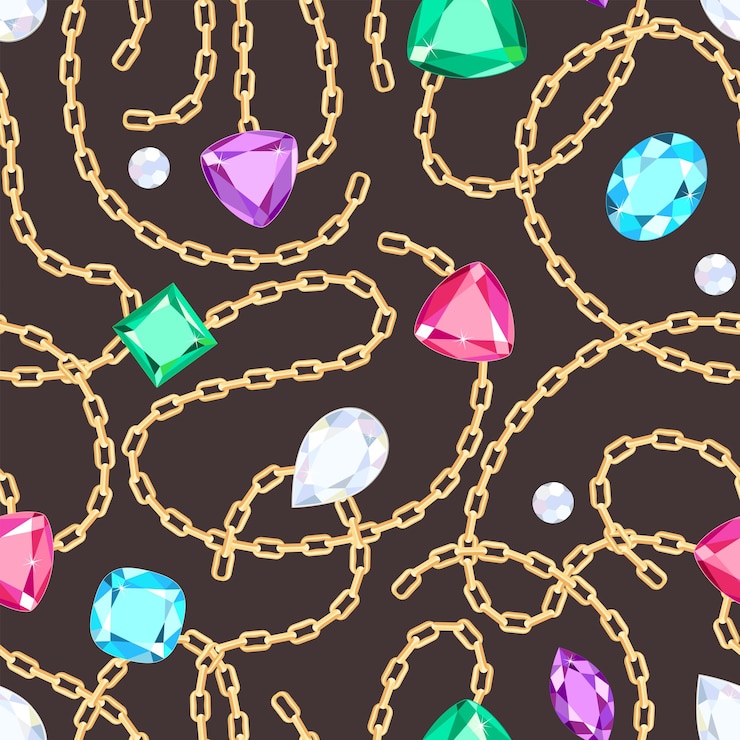 Vector cadenas de oro y gemas multicolores sobre un fondo oscuro