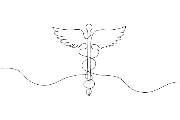 Caduceo con icono médico dibujo continuo de una línea de icono vectorial plano de contorno aislado
