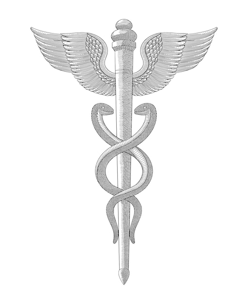 Vector caduceo símbolo médico grabado de época estilo de dibujo ilustración vectorial