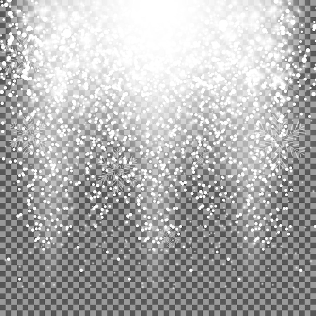 Caen brillantes copos de nieve y nieve sobre fondo transparente. C