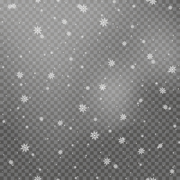 Caen los copos de nieve blancos para Navidad sobre fondo transparente. Vector