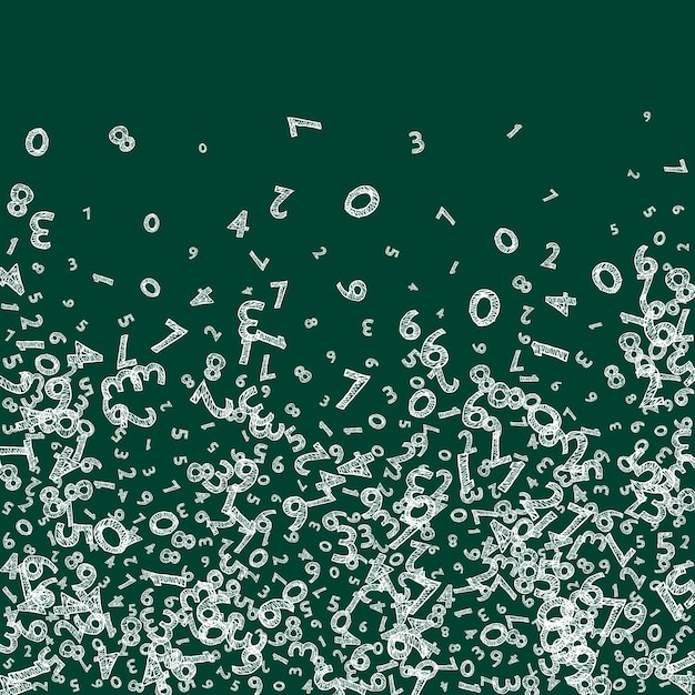 Caen números de tiza infantiles. Concepto de estudio de matemáticas con dígitos voladores. Adorable banner de matemáticas de regreso a la escuela sobre fondo de pizarra. Ilustración de vector de números cayendo.