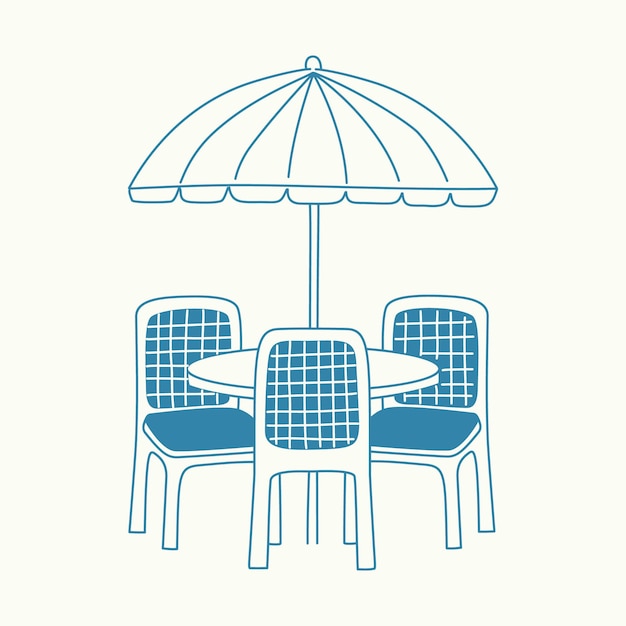 Café al aire libre minimalista azul con paraguas