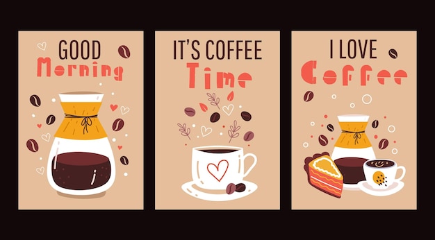 Café bebidas tarjetas línea arte estilo simple conjunto de conceptos aislados