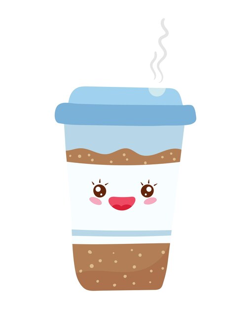 Café caliente calentando comida kawaii divertido brillante en estilo de dibujos animados ilustración de vector plano de vidrio desechable aislado en blanco