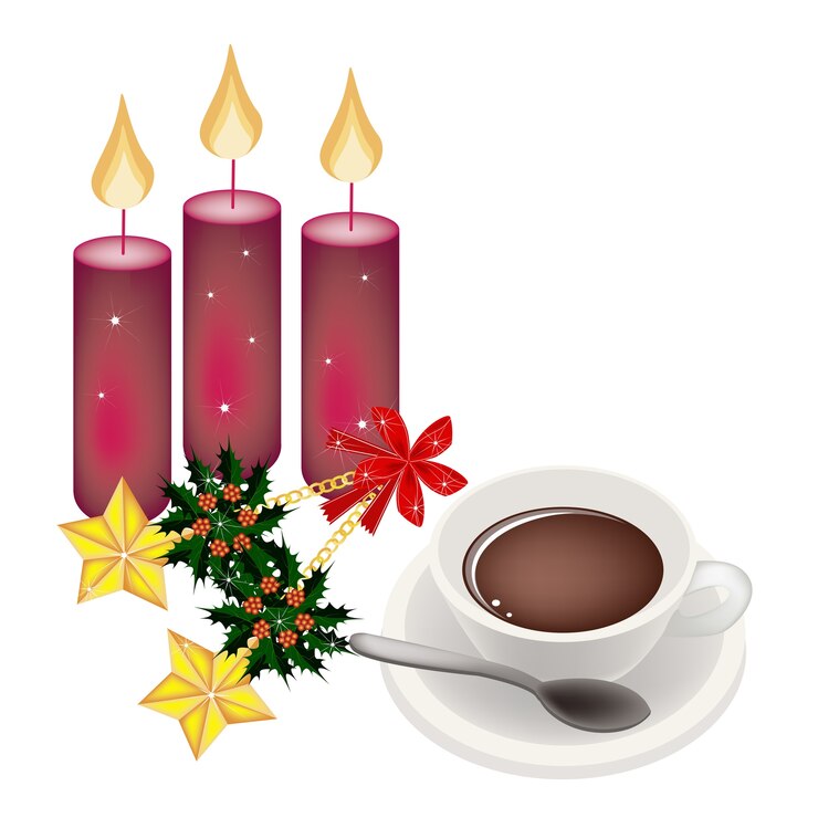 Vector café caliente con estrellas doradas y acebo navideño.