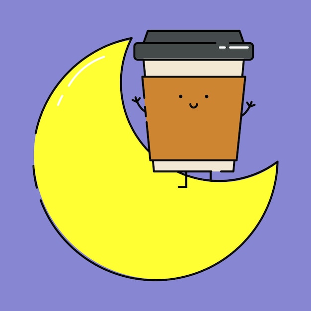 café caliente sentado en la luna y agitando la mano dibujos animados comida linda mascota ilustración aislado plano