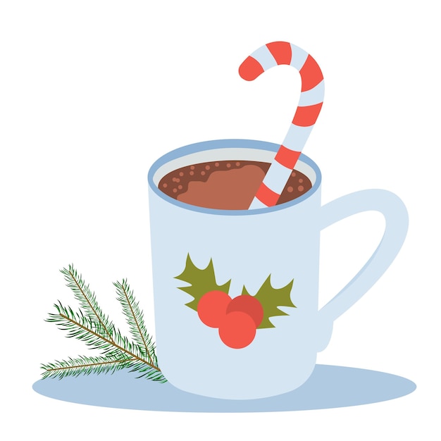 Vector café caliente en taza azul. taza de café o cacao con rama de árbol de navidad, vector de concepto de invierno