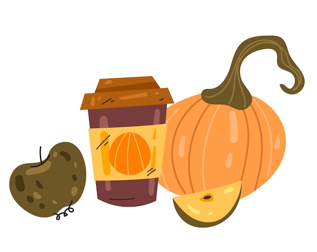 Vector café con canela y especias de calabaza con postre otoño concepto ilustración de diseño gráfico plano