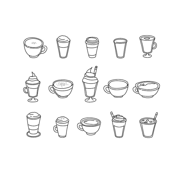 Café capuchino dibujado a mano dibujado ilustraciones conjunto vectorial