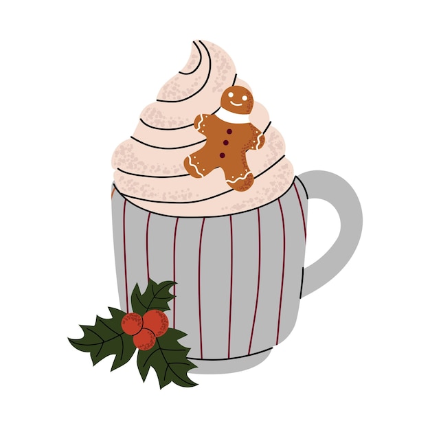 Café con crema de Navidad pan de jengibre en una taza Latte capuchino Ilustración vectorial en estilo plano