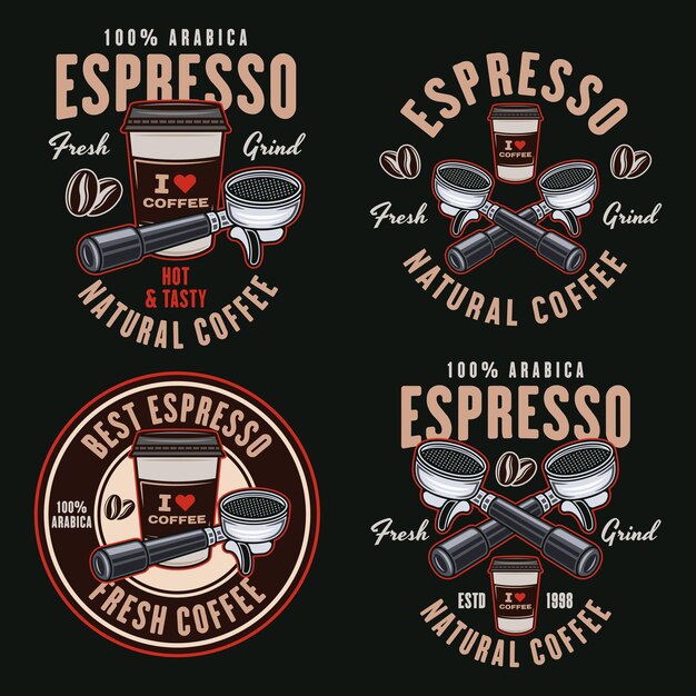 Vector el café espresso es un conjunto de emblemas vectoriales logotipos insignias o etiquetas ilustración en estilo de color sobre fondo oscuro