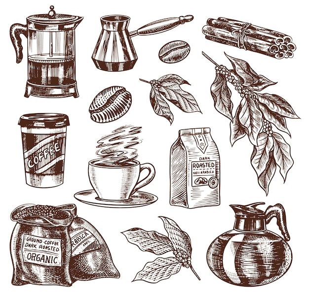 Café en estilo vintage Una bolsa de cacao en grano deja palitos de canela una taza y una tetera una cafetera y una bolsa de leche Dibujo retro grabado a mano para etiquetas