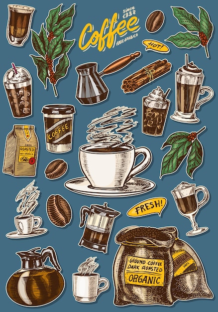 Vector café en estilo vintage una bolsa de cacao en grano deja palitos de canela una taza y una tetera una cafetera y una bolsa de leche inscripción caligráfica dibujo retro grabado dibujado a mano para etiquetas