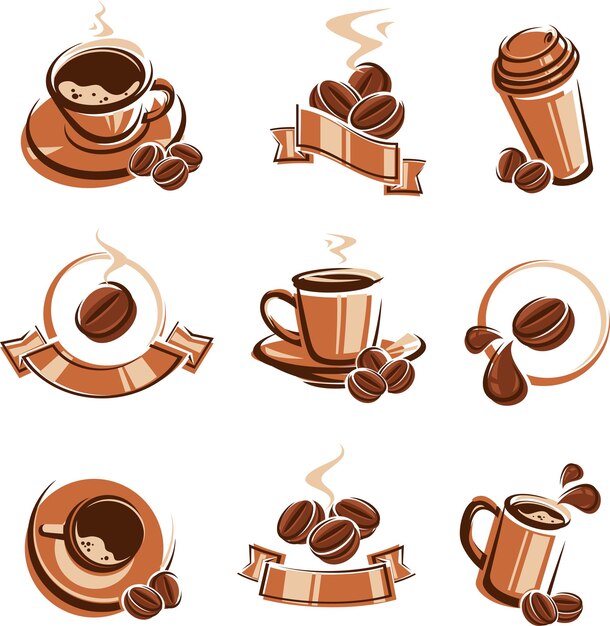 café, etiquetas, y, iconos, conjunto, vector