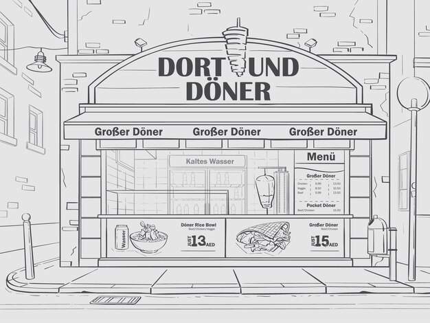Café de fondo de contorno vectorial en Dortmund, Alemania. Imagen de cafetería de comida rápida en blanco y negro.
