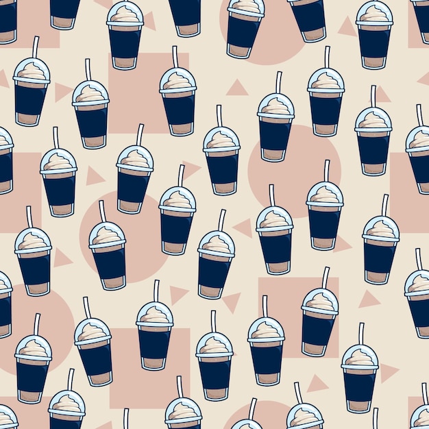 Café frappe patrón de fondo batido latte taza diseño de fondo de patrones sin fisuras